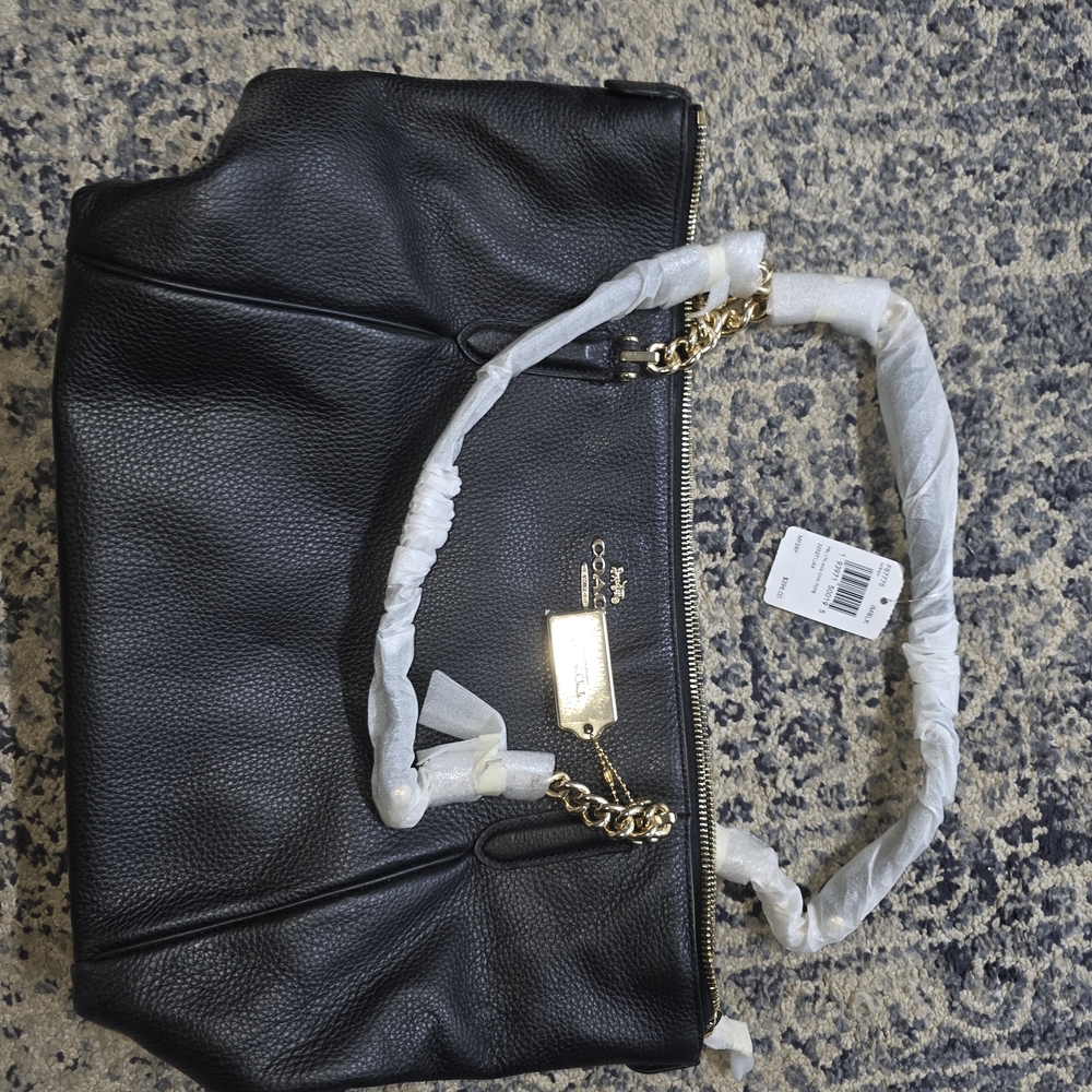 Coach Black Pebbled Leather Shoulder Bag with Gold Chain And Match Zip Wallet